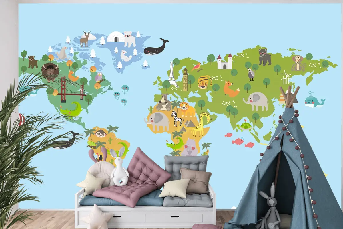 Hayvan Dünya Haritası Çocuk Odası Duvar Kağıdı