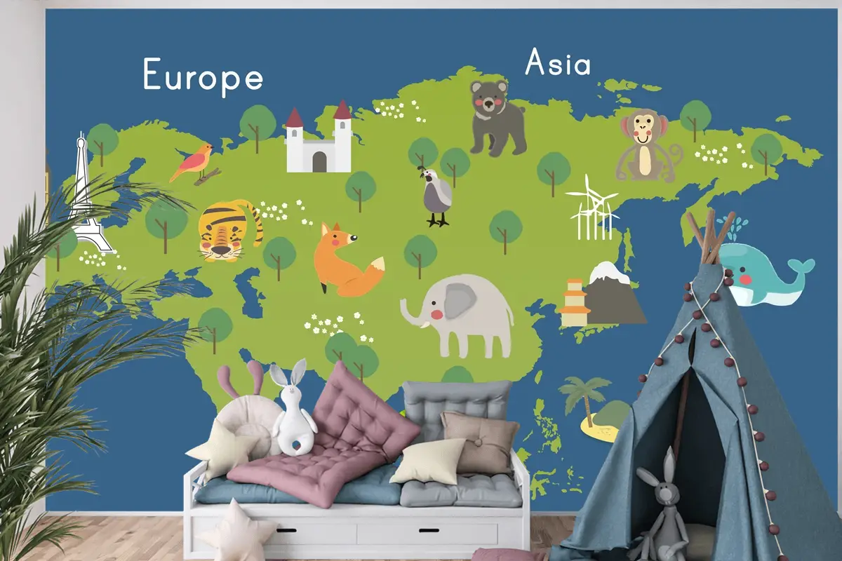 Yaban Hayatı Habitatlarının Çizim Stili Seti Çocuk Odası Duvar Kağıdı