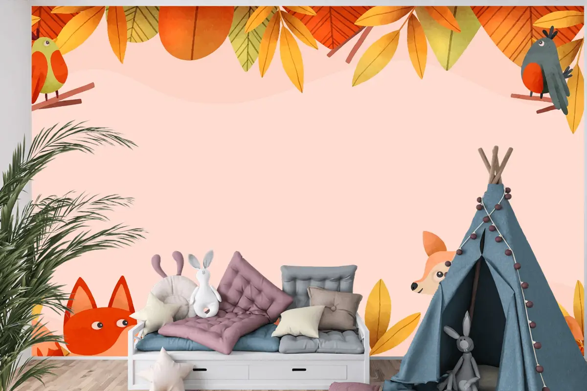 Suluboya Orman Hayvanı Ve Yaprakları Çocuk Odası Duvar Kağıdı 
