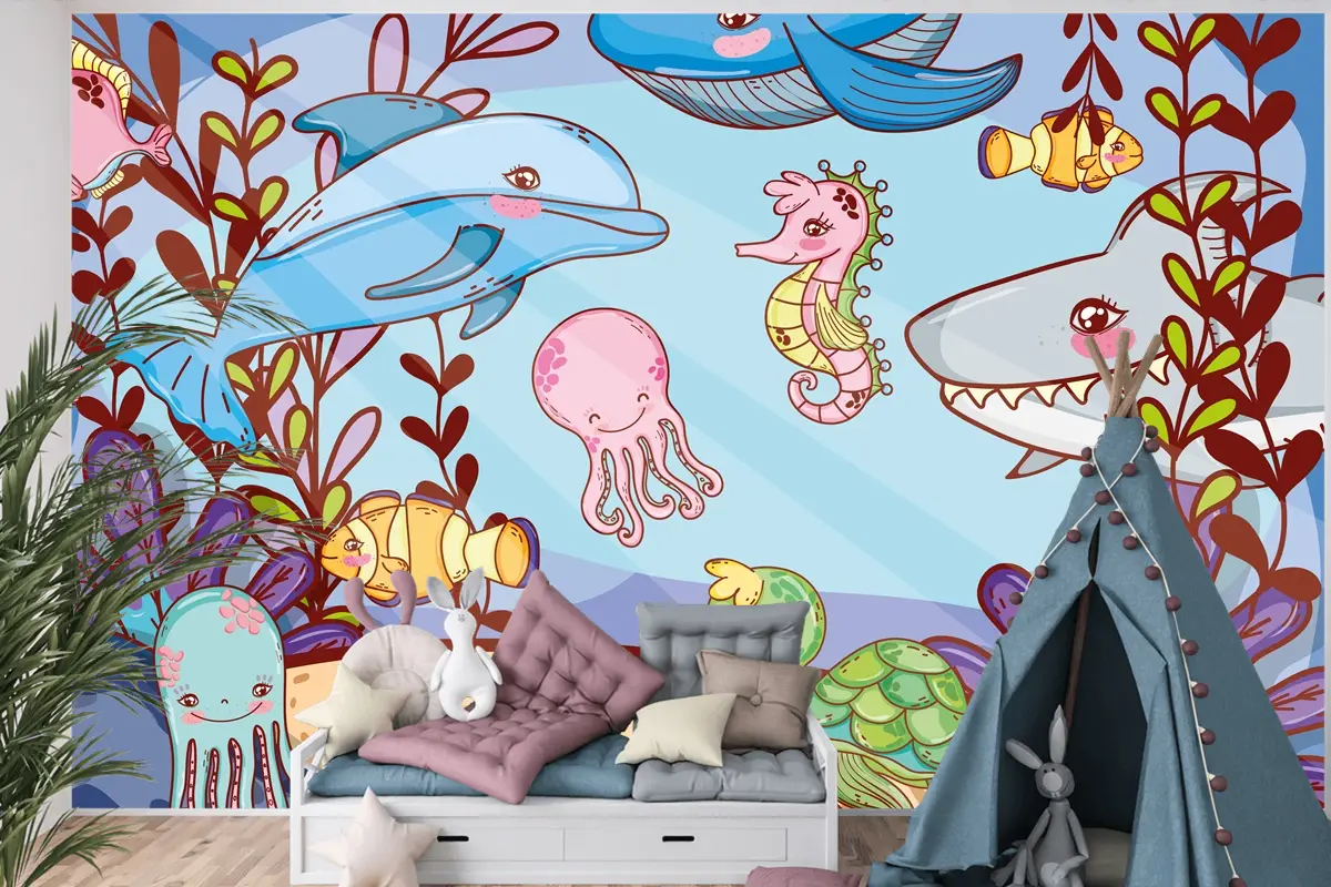 Sudaki Deniz Yaşamı Çocuk Odası Duvar Kağıdı 