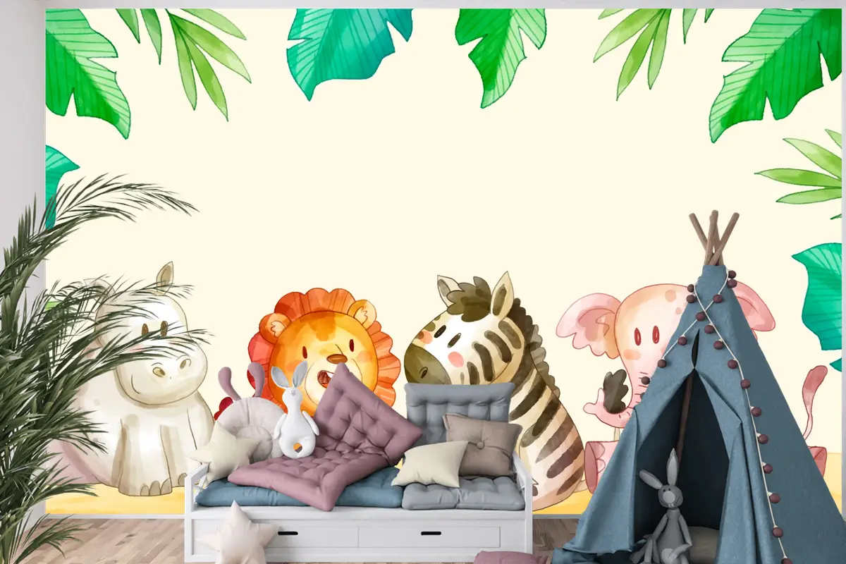 Suluboya Safari Arka Plan Çocuk Odası Duvar Kağıdı 