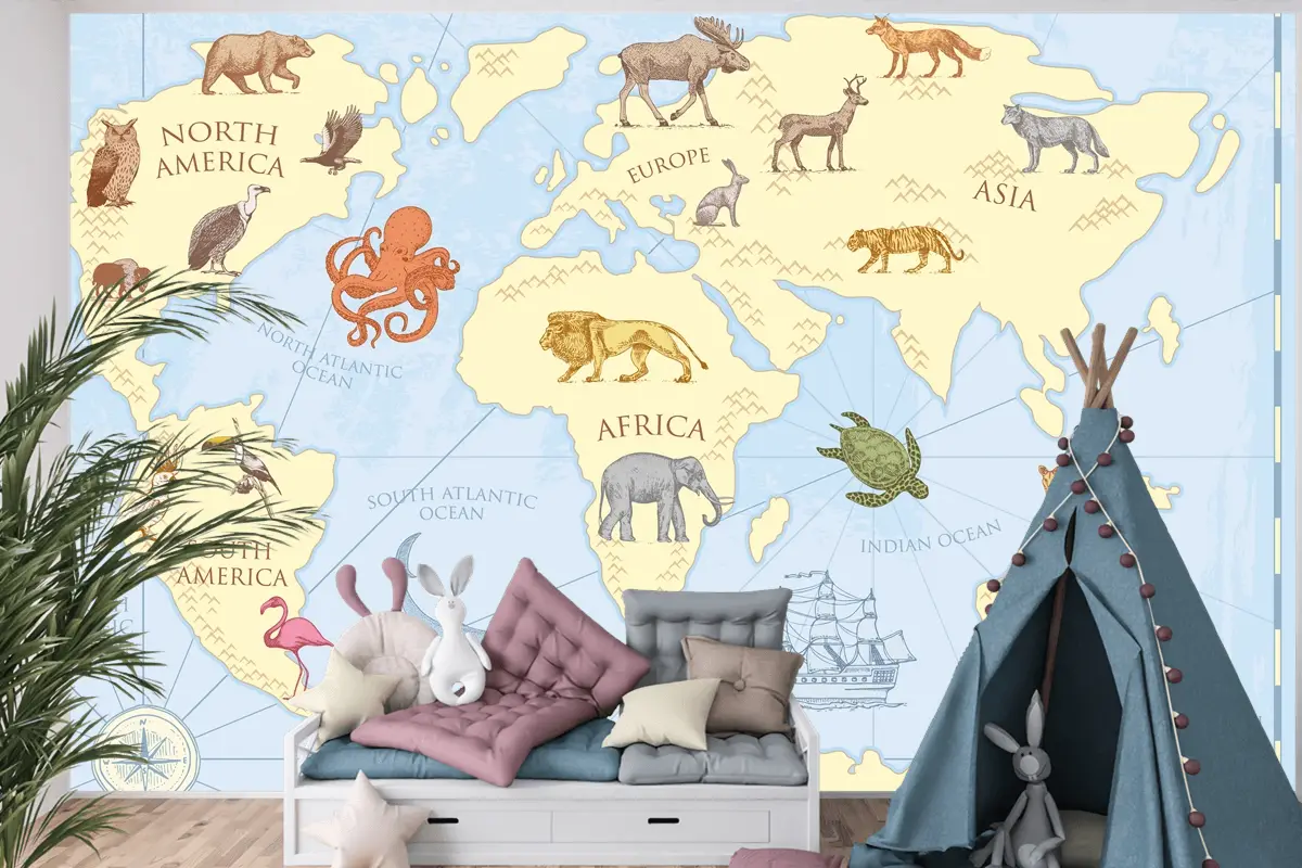 Vahşi Hayvanlarla Vintage Dünya Haritası Çocuk Odası Duvar Kağıdı