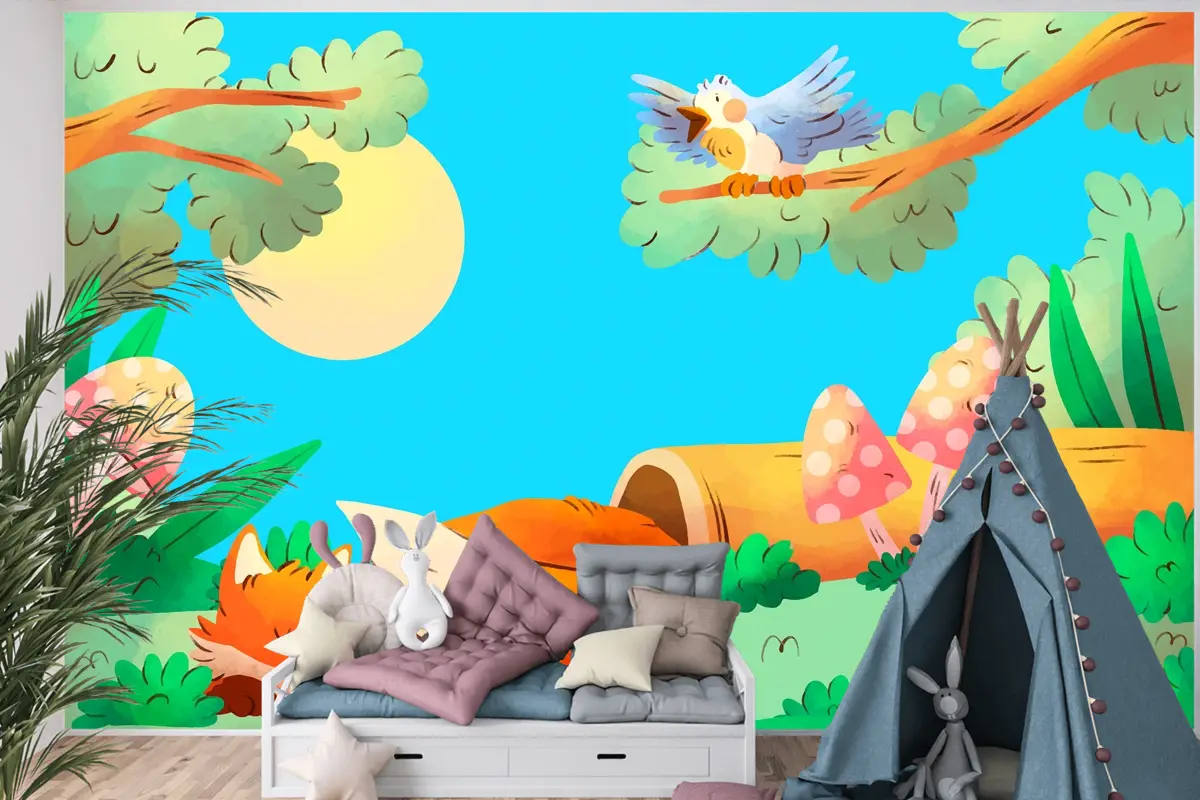 Suluboya Orman Hayvanları Arka Plan Çocuk Odası Duvar Kağıdı 