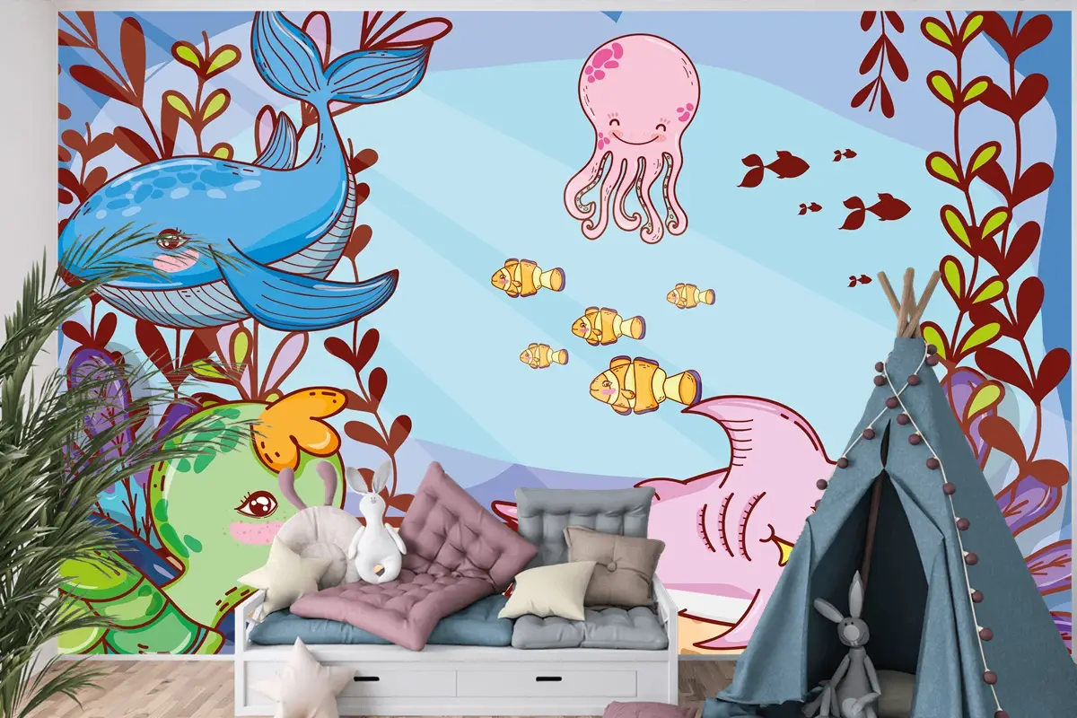 Deniz Yosunu Bitkileri Ile Sevimli Deniz Hayvanları Çocuk Odası Duvar Kağıdı