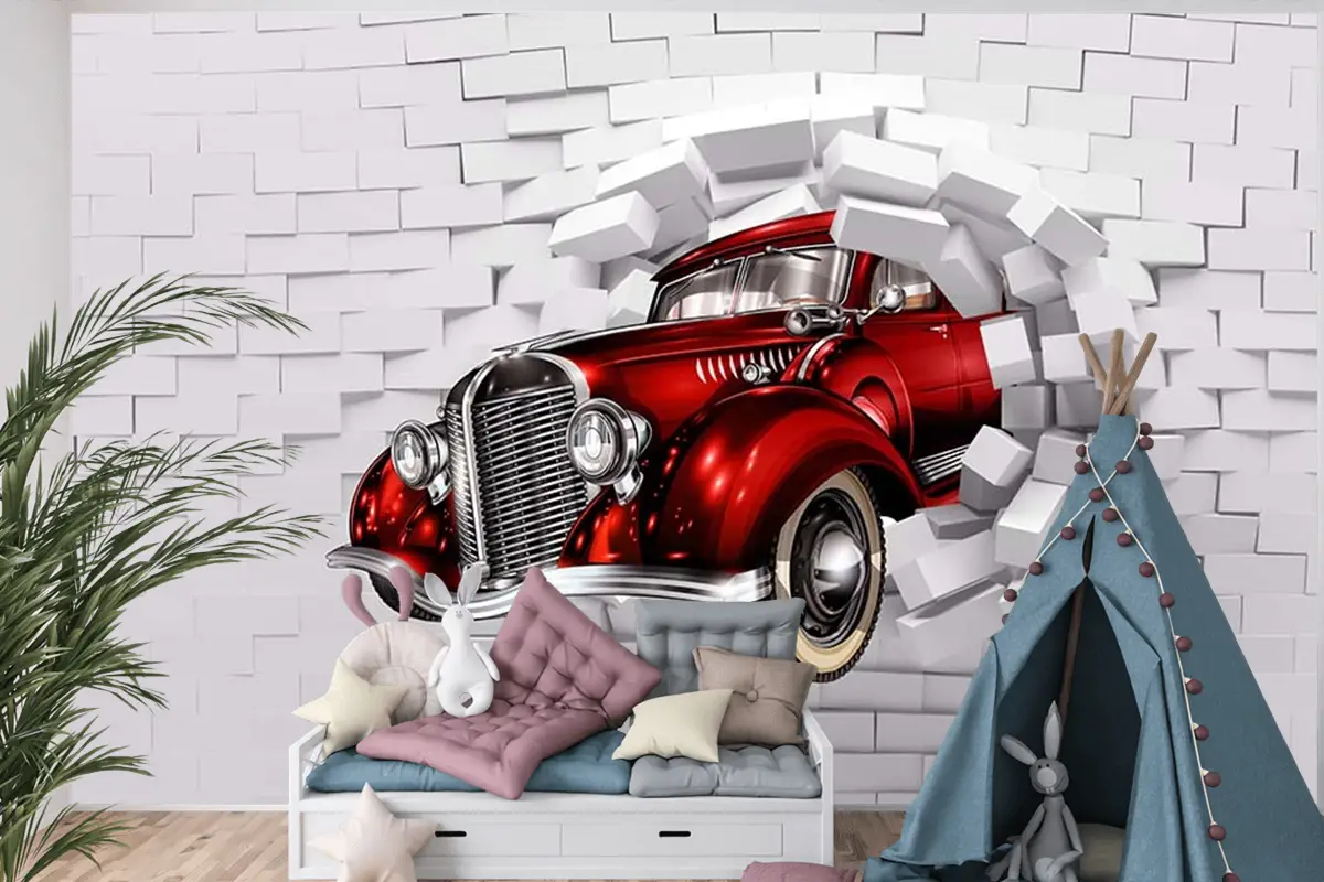 3D Boyutlu Duvardan Çıkan Kırmızı Araba Çocuk Odası Duvar Kağıdı