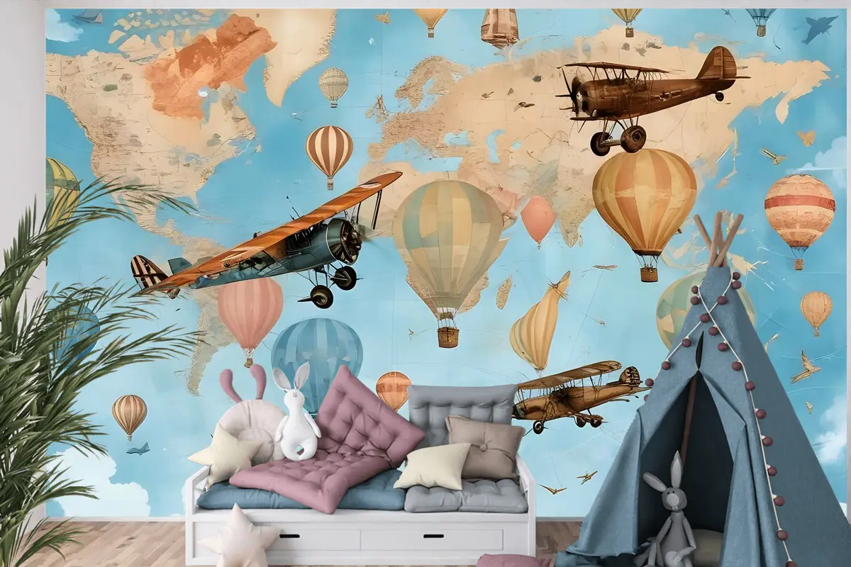Sıcak Hava Balonu Çocuk Odası Duvar Kağıdı  Ile 3D Görünümlü Çocuk Dünya Haritası