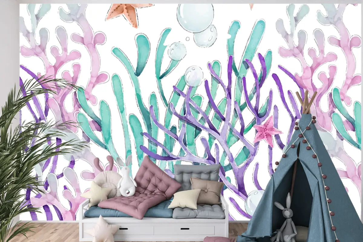 Suluboya Renkli Mercan Arka Plan Çocuk Odası Duvar Kağıdı 