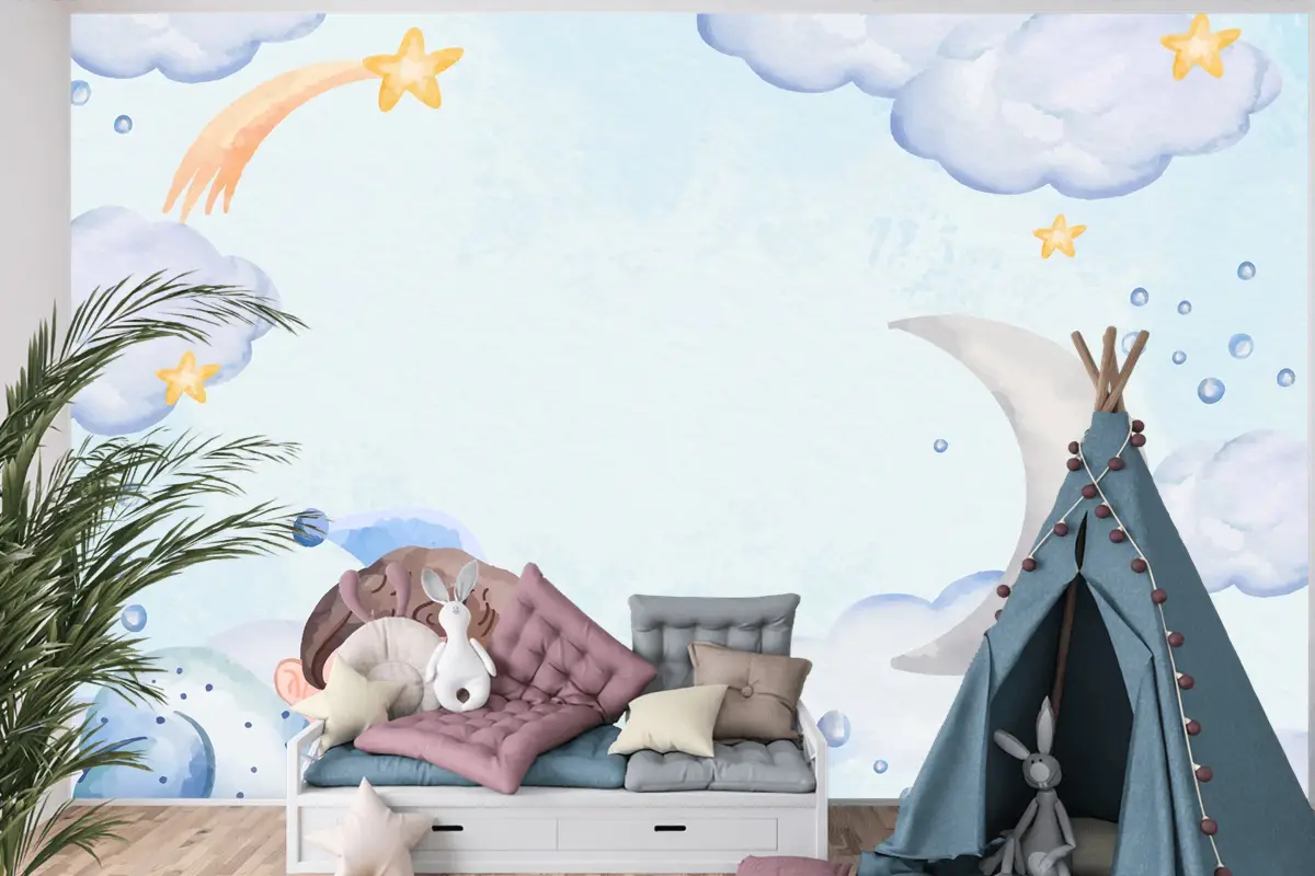 Suluboya Erkek Bebek Arka Plan Çocuk Odası Duvar Kağıdı 