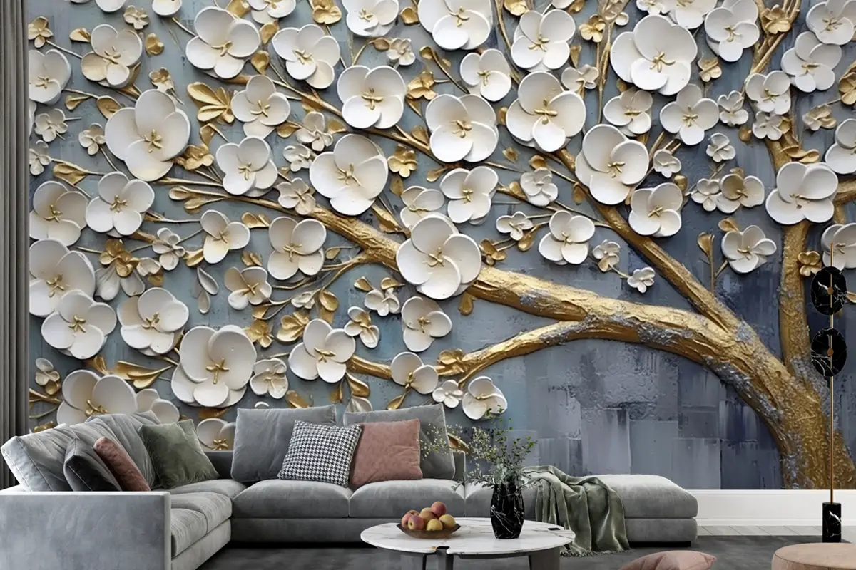 Soyut Sanatsal Arka Plan Çiçekler Dallar Altın Ve Tuval Boyama Duvar Kağıdı Duvar