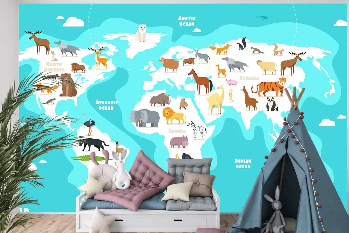 Hayvanlarla Dünya Haritası Dünya Keşfi Komik Çocuklar Coğrafya Çocuk Odası Duvar Kağıdı
