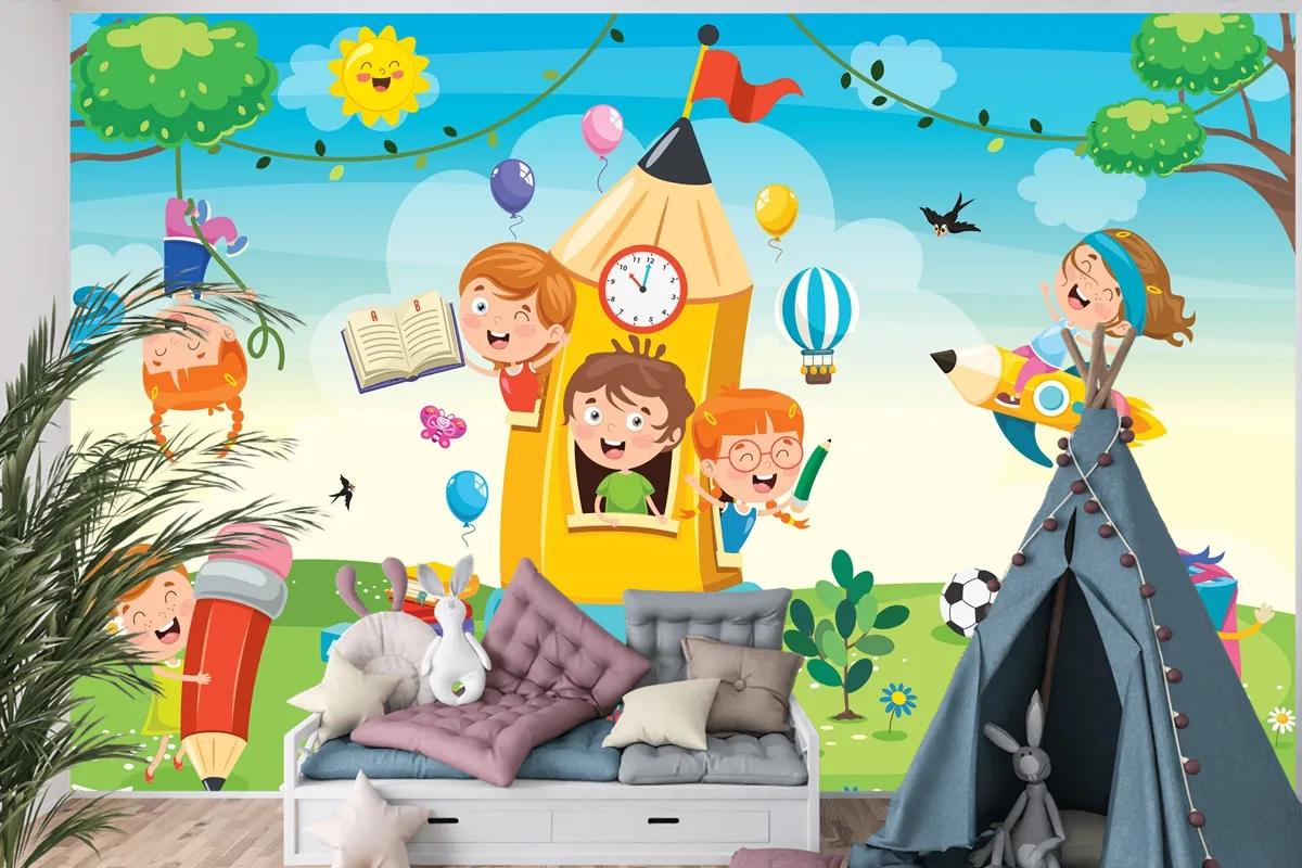 Kalem Evinde Oynayan Sevimli Çocuklar Çocuk Odası Duvar Kağıdı