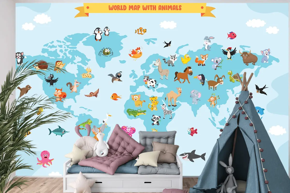 Karikatür Hayvanlı Dünya Haritası Çocuk Odası Duvar Kağıdı