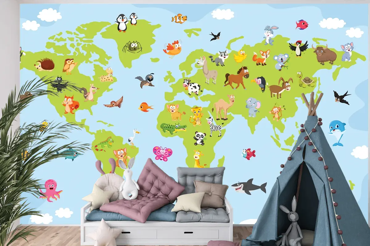 Karikatür Hayvanlı Dünya Haritası Çocuk Odası Duvar Kağıdı