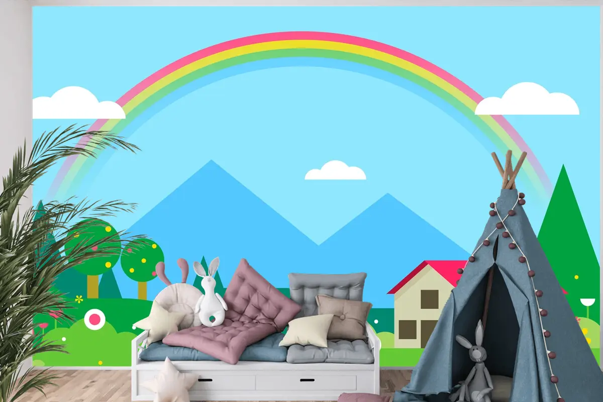 Ev Ve Gökkuşağı Çocuk Odası Duvar Kağıdı  Ile Bahar Manzarası