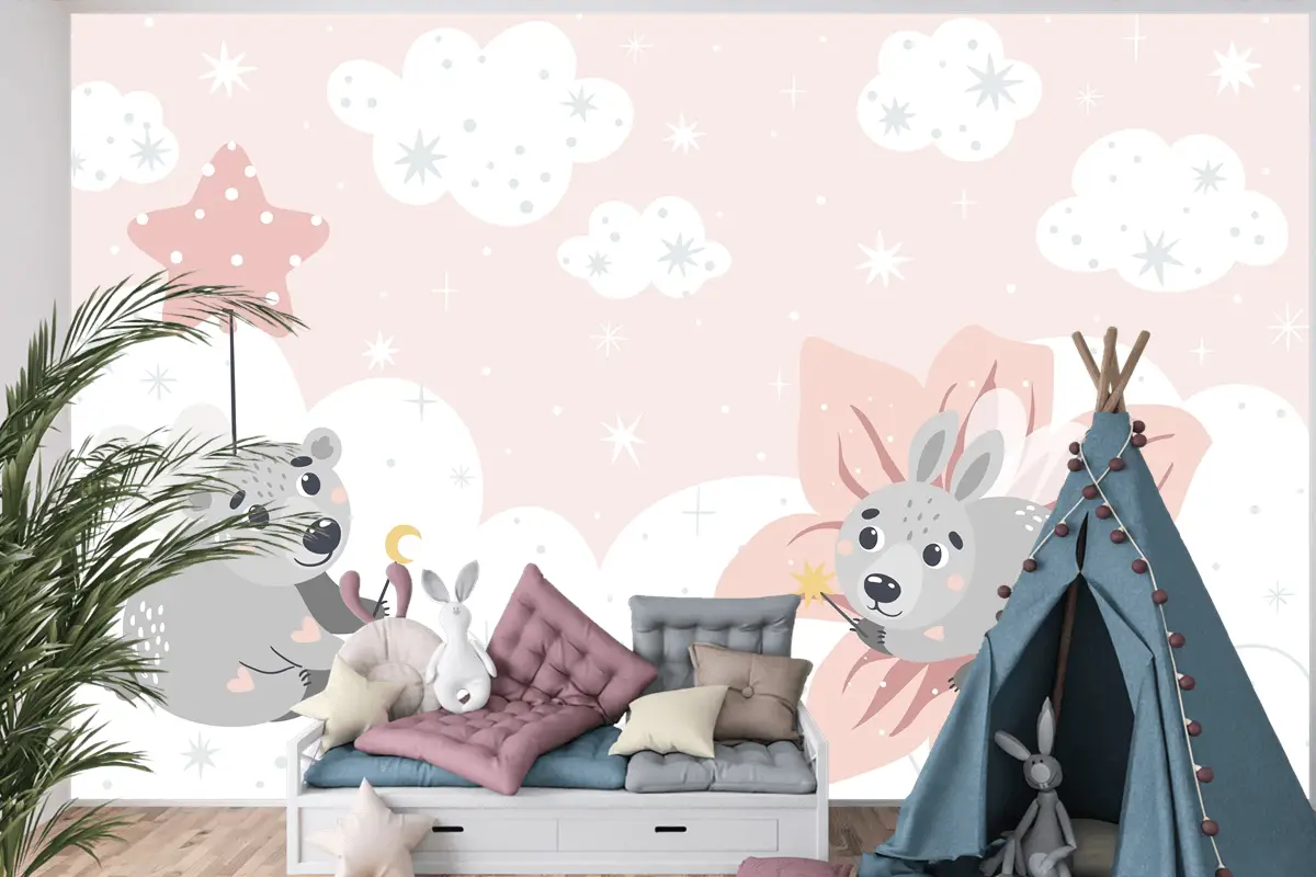 Bulutların Üzerinde Sevimli Masal Hayvanları Çocuk Odası Duvar Kağıdı Yazdırmaya Uygun