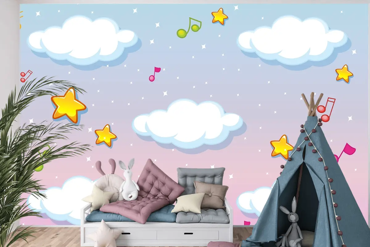 Melodi Temalı Çocuk Odası Duvar Kağıdı  Ile Pastel Gökyüzü Arka Planında Boş Bulutlar