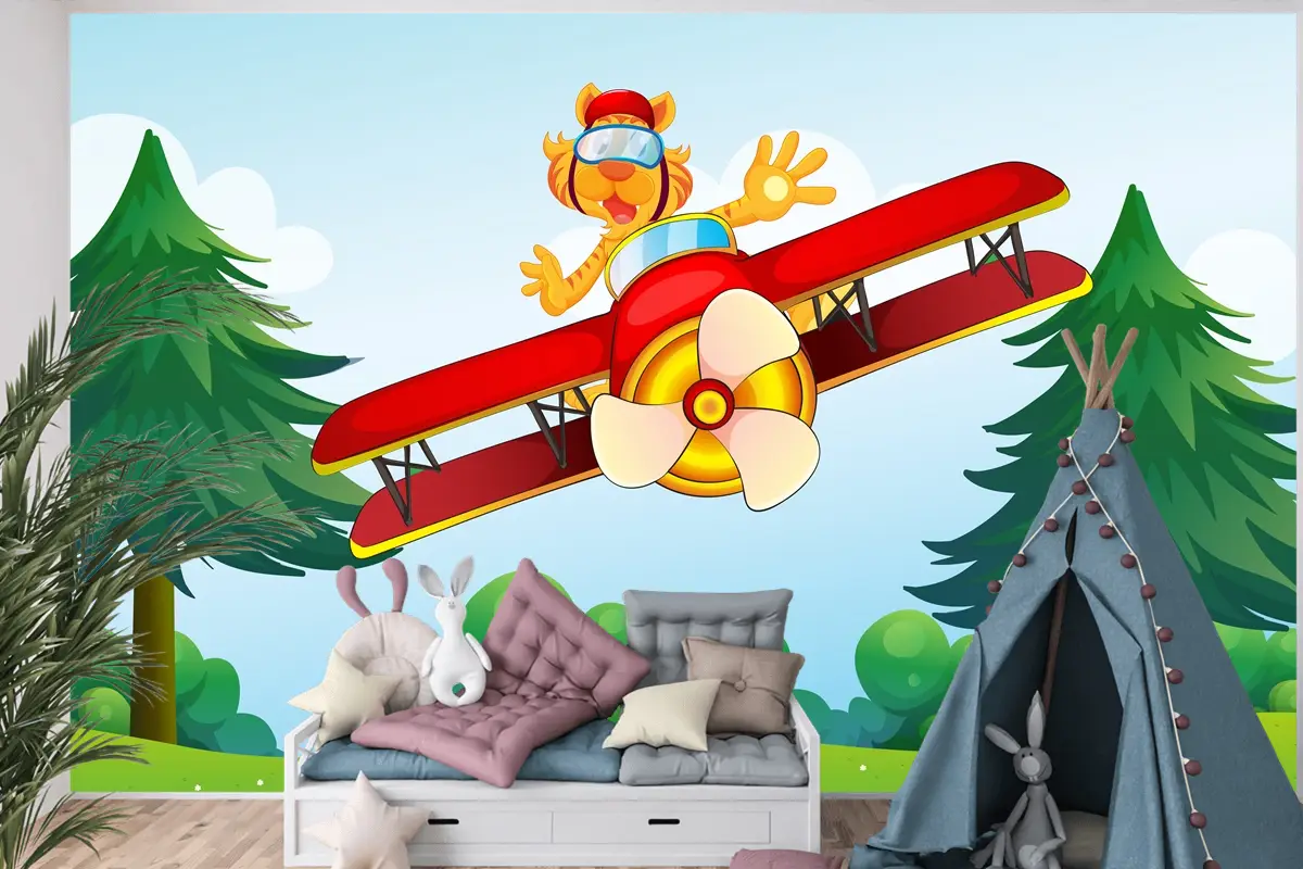 Uçağa Binen Övünen Kaplan Çocuk Odası Duvar Kağıdı