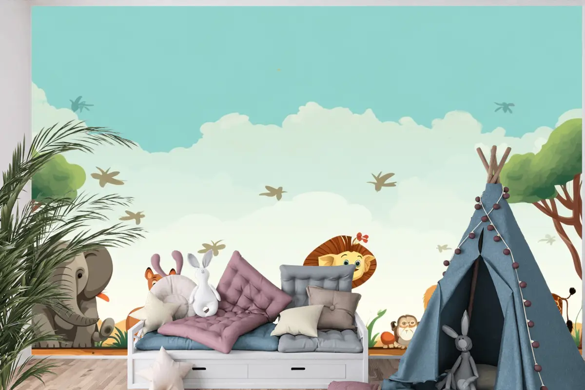 Hayvanların Bulunduğu Bir Tarlada Zürafalar Ve Zürafaların Karikatürü Çocuk Odası Duvar Kağıdı