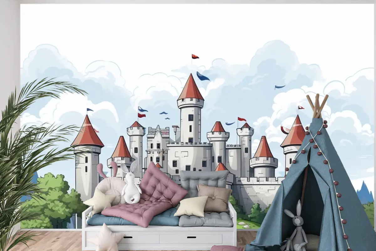 Üstünde Bayrak Bulunan Kale Çocuk Odası Duvar Kağıdı
