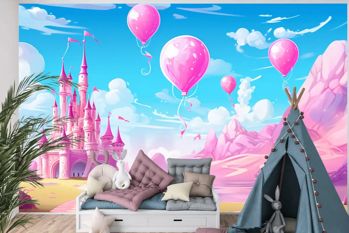 Balonlu Kale Ve Arka Planda Kale Çocuk Odası Duvar Kağıdı