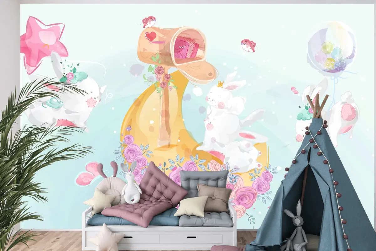 Renkli Suluboya Tarzında Sevimli Küçük Tavşan Çocuk Odası Duvar Kağıdı