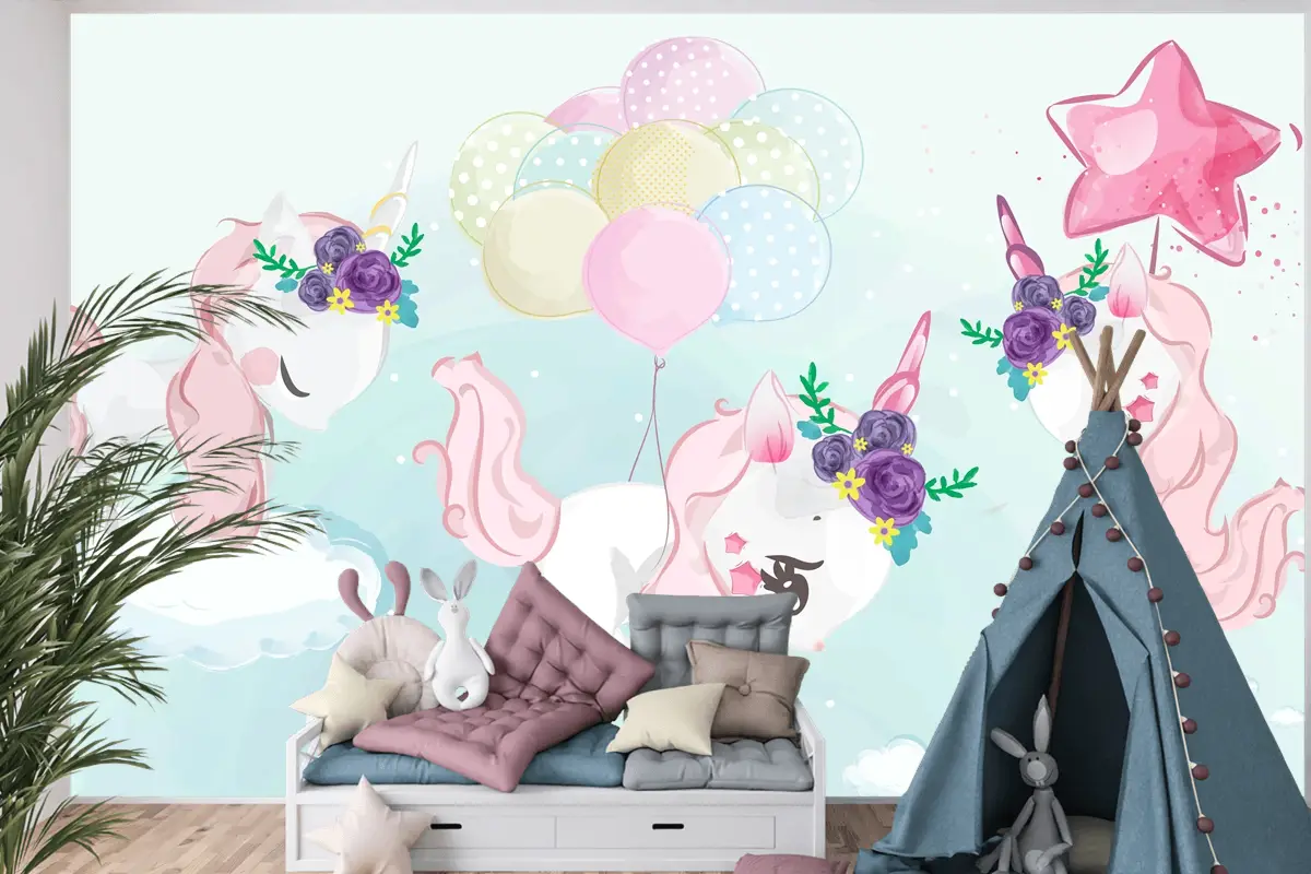 Renkli Suluboya Tarzında Sevimli Küçük Tek Boynuzlu At Çocuk Odası Duvar Kağıdı