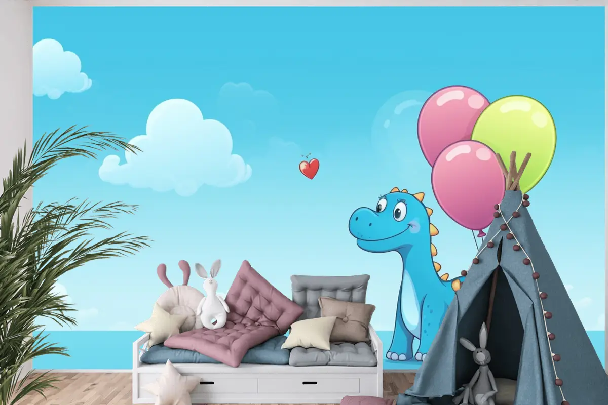 Gökyüzünde Balonları Olan Bir Ejderha Ve Çocuk Odası Duvar Kağıdı Nde Bir Kalp