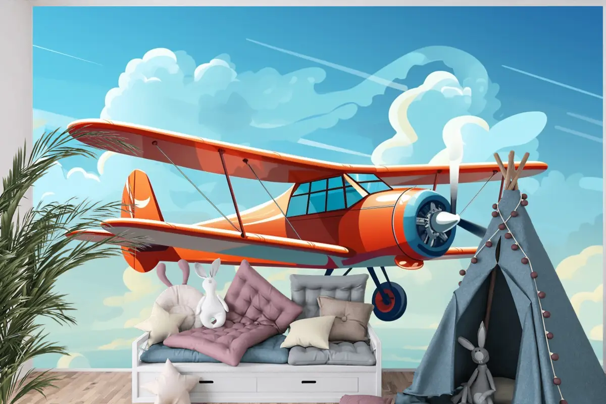 Önünde Pervaneden Alıntı Sözlerinin Bulunduğu Kırmızı Bir Uçağın Çizimi Çocuk Odası Duvar Kağıdı