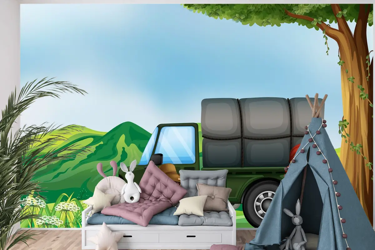 Yeşil Kamyonun Yanında Bir Kız Ve Bir Erkek Çocuk Odası Duvar Kağıdı