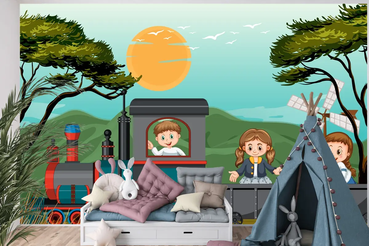 Doğal Sahneli Trende Bir Çocuk Bebek Odası Duvar Kağıdı