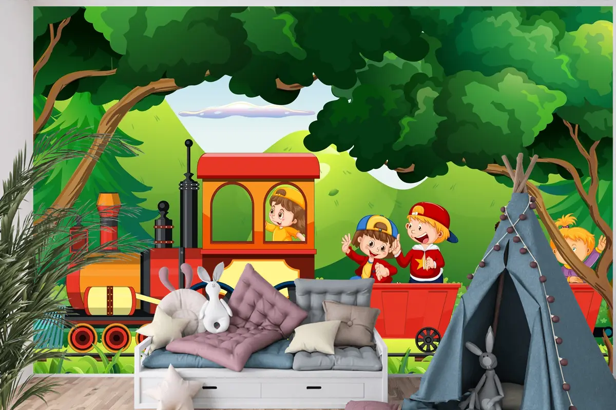 Doğal Sahneli Trendeki Çocuklar Çocuk Odası Duvar Kağıdı