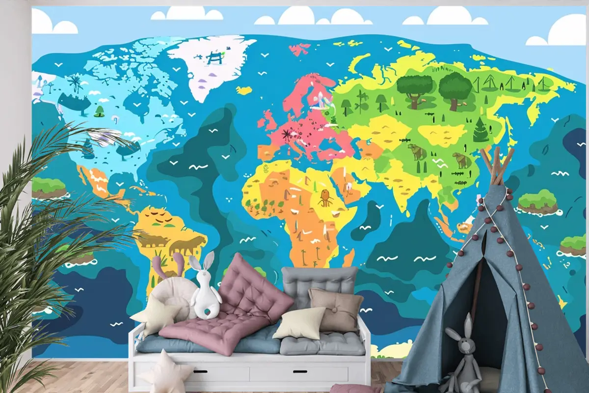 Üzerinde "Dünyadan Alıntı" Sözlerinin Bulunduğu Dünya Haritası Çocuk Odası Duvar Kağıdı