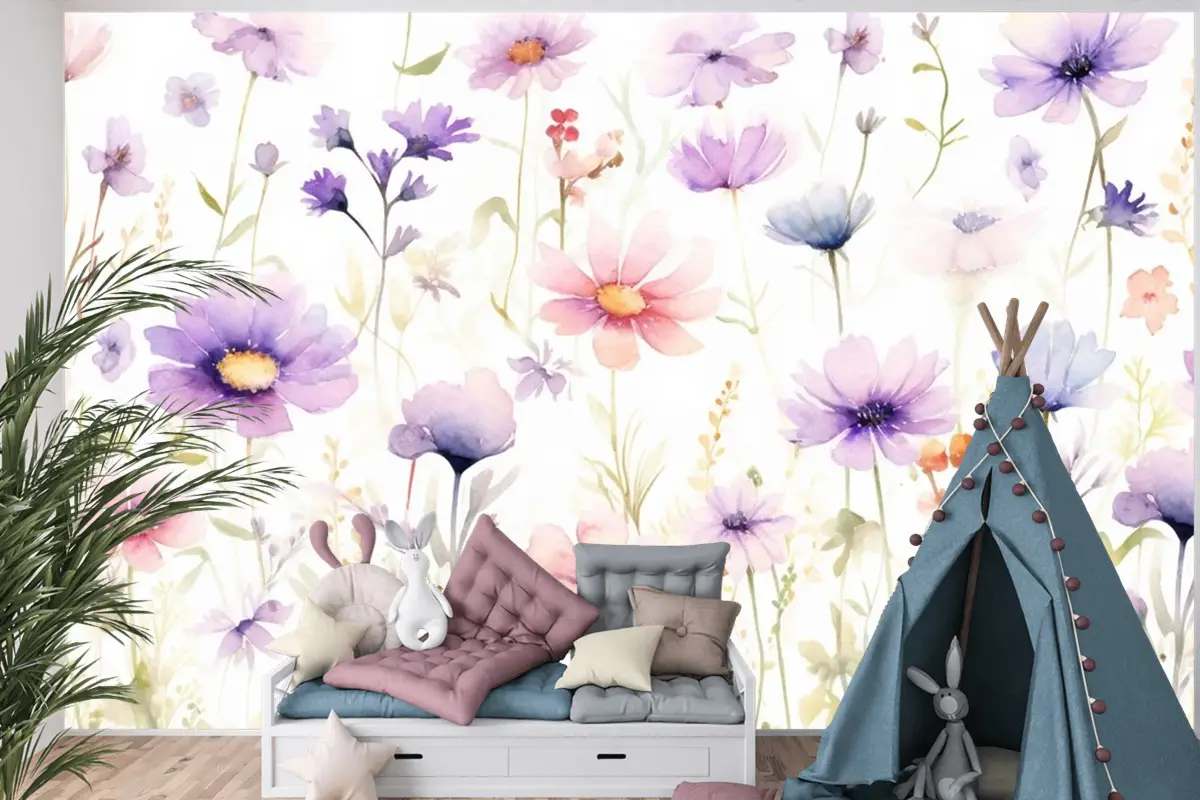 Beyaz Zemin Üzerine Bir Demet Çiçek Tablosu Çocuk Odası Duvar Kağıdı