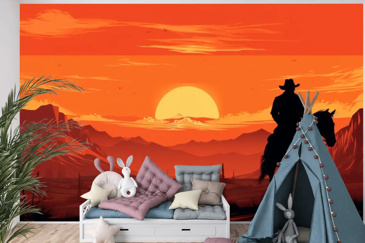 Gün Batımı Önünde Ata Binen Bir Kovboy Tablosu Çocuk Odası Duvar Kağıdı