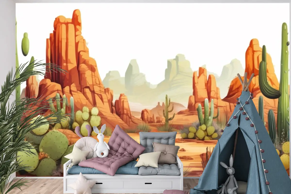 Kaktüs Ve Çöl Manzarası Çocuk Odası Duvar Kağıdı  Ile Bir Çöl Manzarası Tablosu