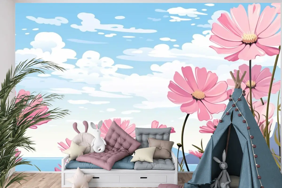 Papatyalar Çocuk Odası Duvar Kağıdı Ile Gökyüzünde Pembe Çiçeklerden Oluşan Bir Tablo