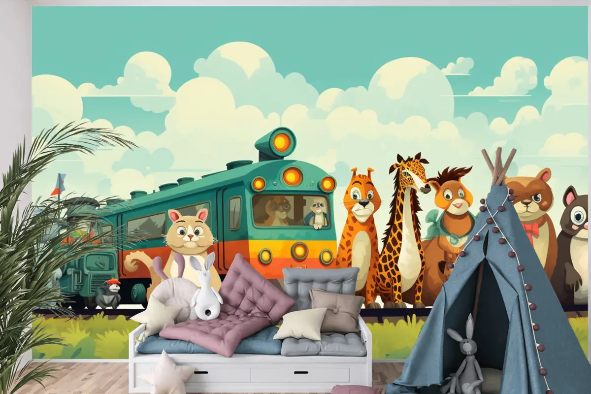 Üstünde Hayvanların Olduğu Bir Tren Ve Önünde Zürafalar Yazan Bir Tren Çocuk Odası Duvar Kağıdı