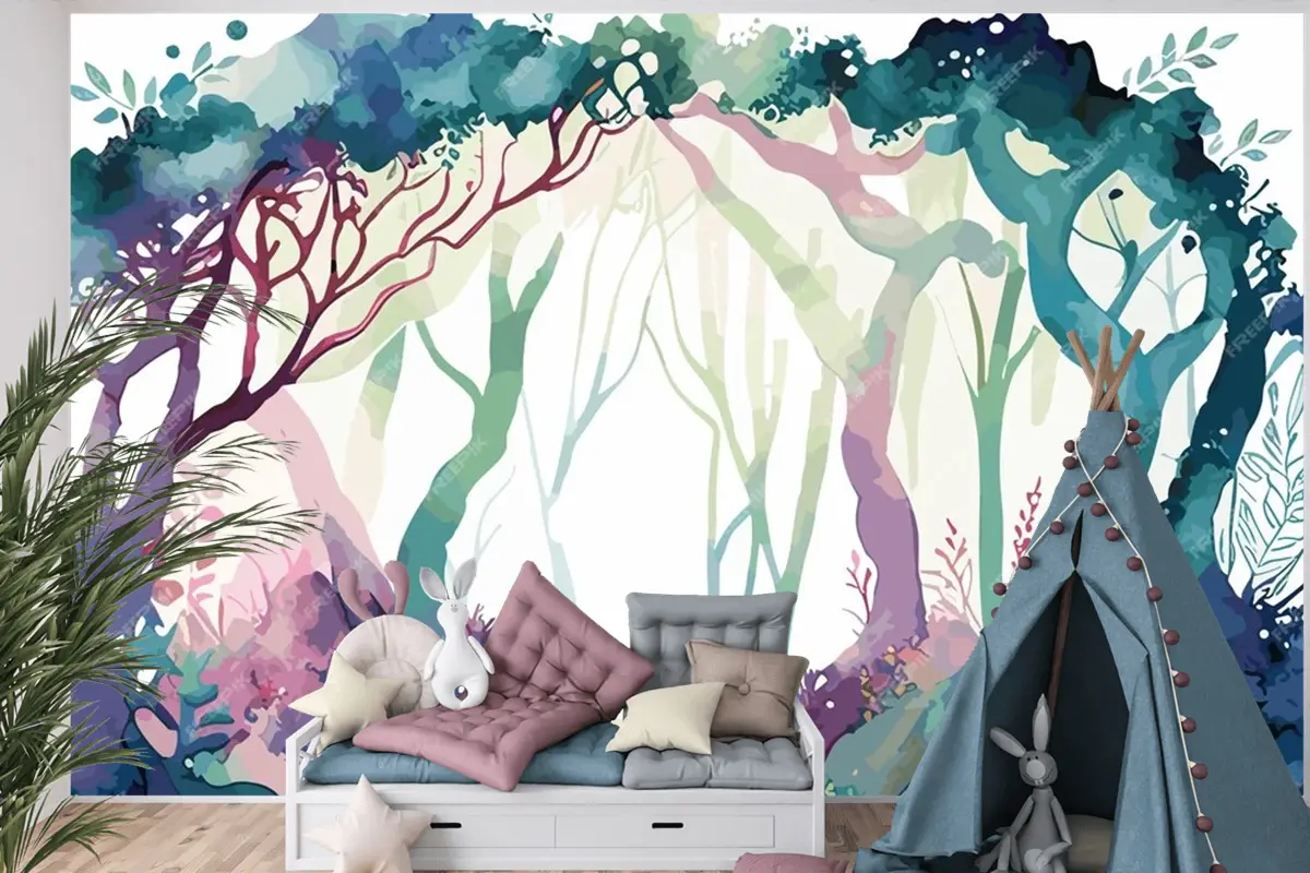 Çocuk Odası Duvar Kağıdına Giden Yolu Olan Bir Ormanın Suluboya Tablosu
