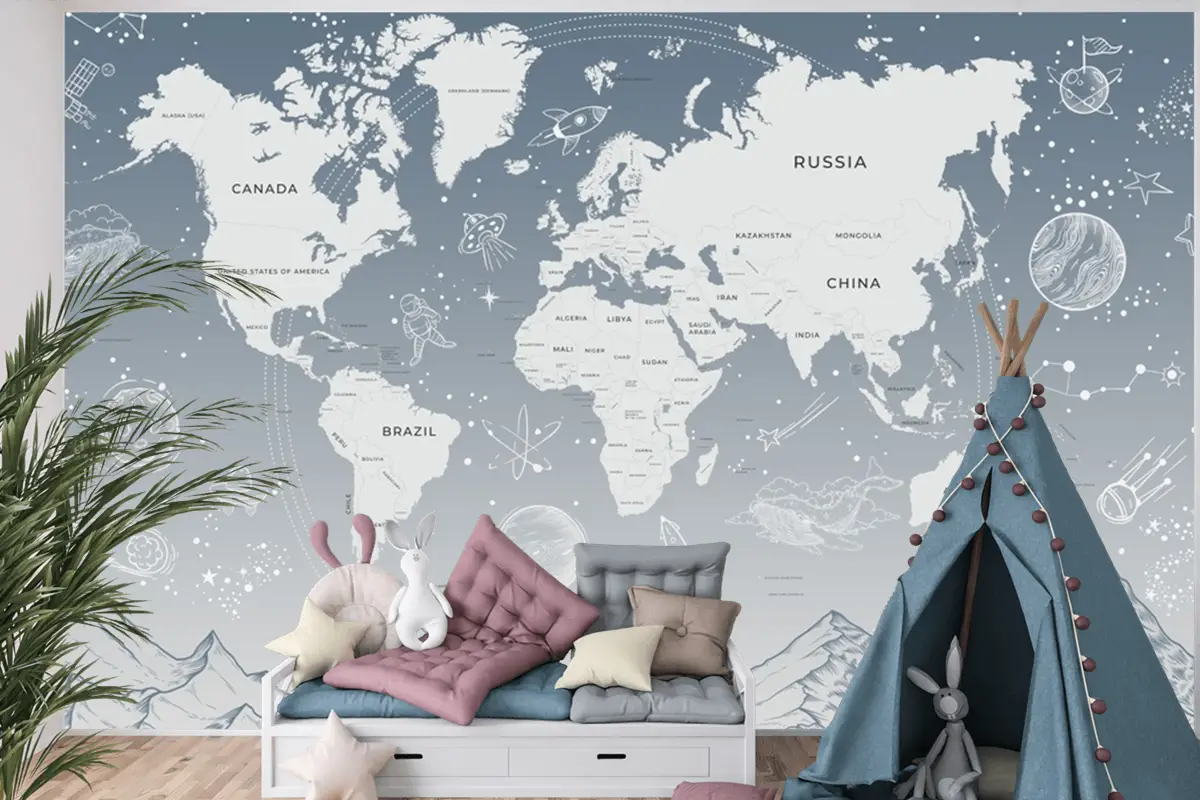 Açık Mavi Güneş Sistemi Galaksi Uzay Çocuk Odası Dünya Haritası Duvar Kağıdı