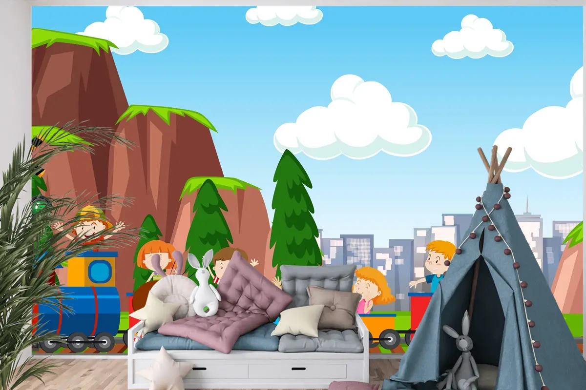 Çocuk Odası Duvar Kağıdı Dışında Spor Ve Eğlence Aktiviteleri Oynayan Aktif Erkek Ve Kız Çocukları