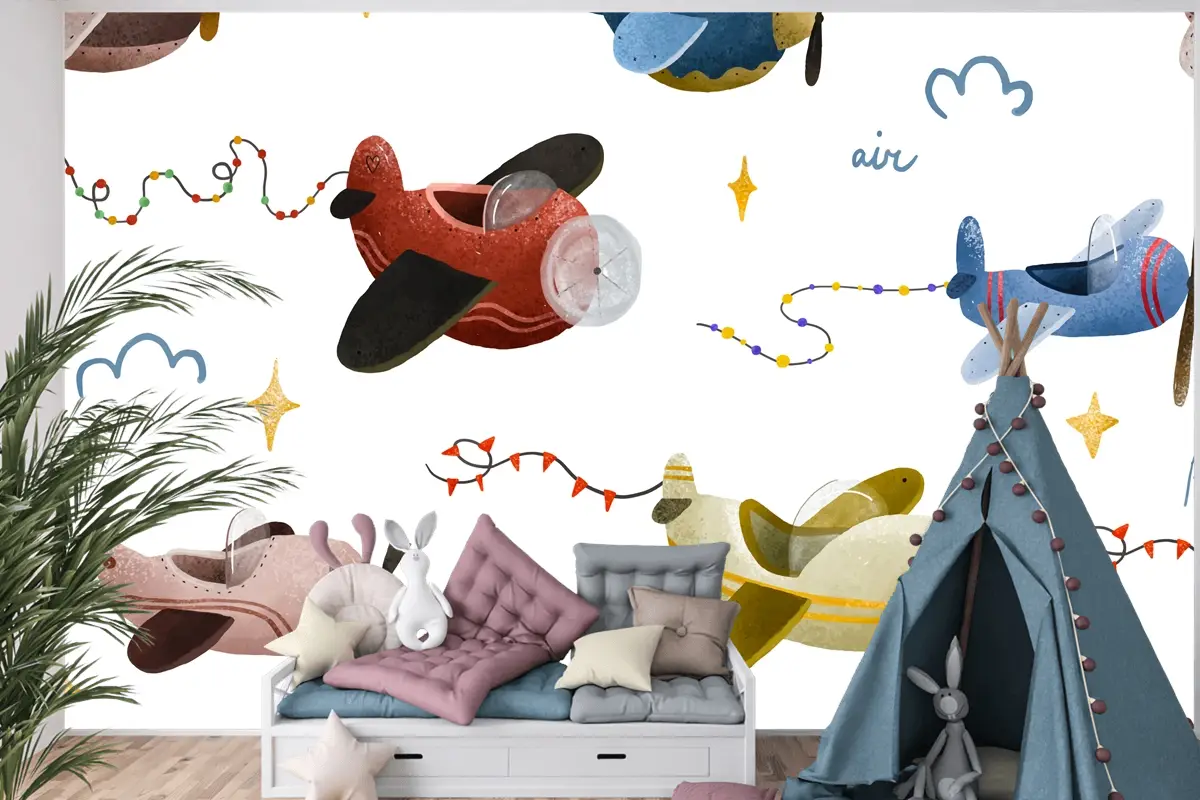 İskandinav Tarzı Çocuk Odası Duvar Kağıdı Duvarında Uçak Ve Bulutlar