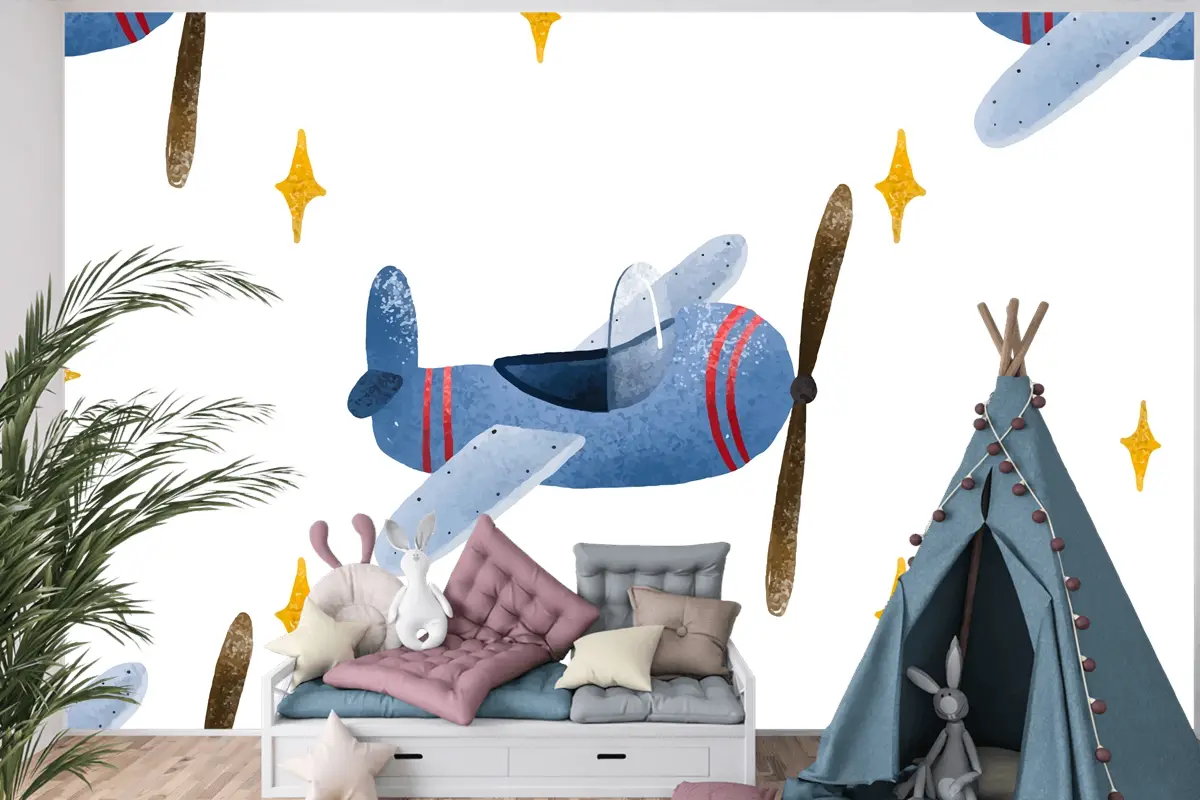 İskandinav Tarzında Uçak Ve Bulutlar Çocuk Odası Duvar Kağıdı