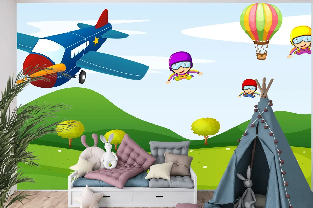 Uçak Ve Gökyüzü Etkinliği Çocuk Odası Duvar Kağıdı 