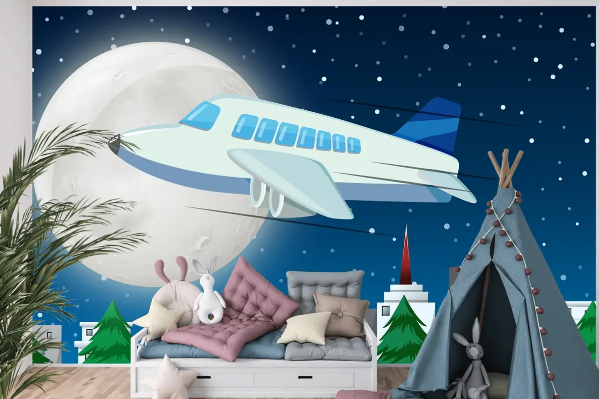 Gece Gökyüzünde Uçan Uçak Çocuk Odası Duvar Kağıdı
