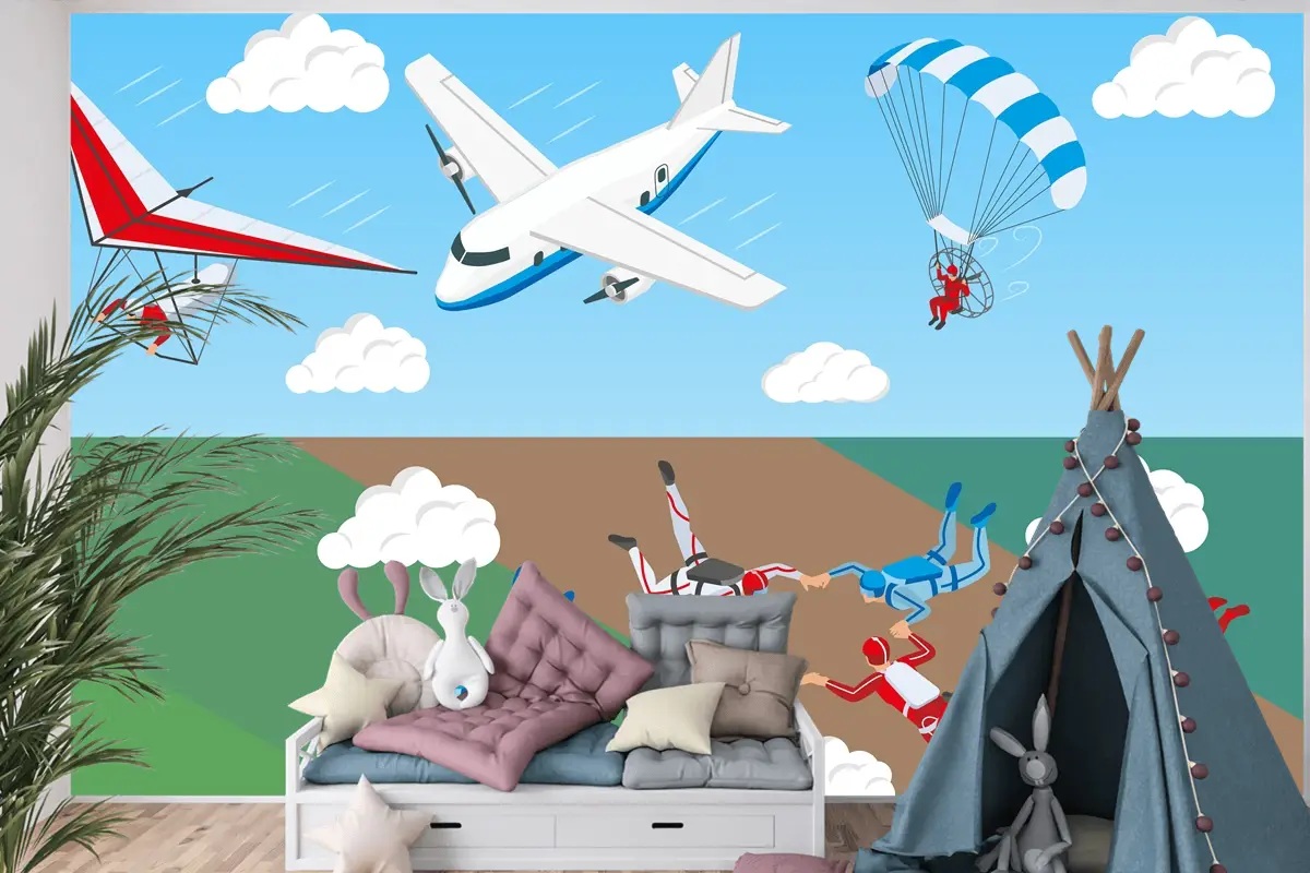 Uçak Yelken Havacılık Gökyüzünde Paraşütle Atlayan Bir Grup İnsan Çocuk Odası Duvar Kağıdı
