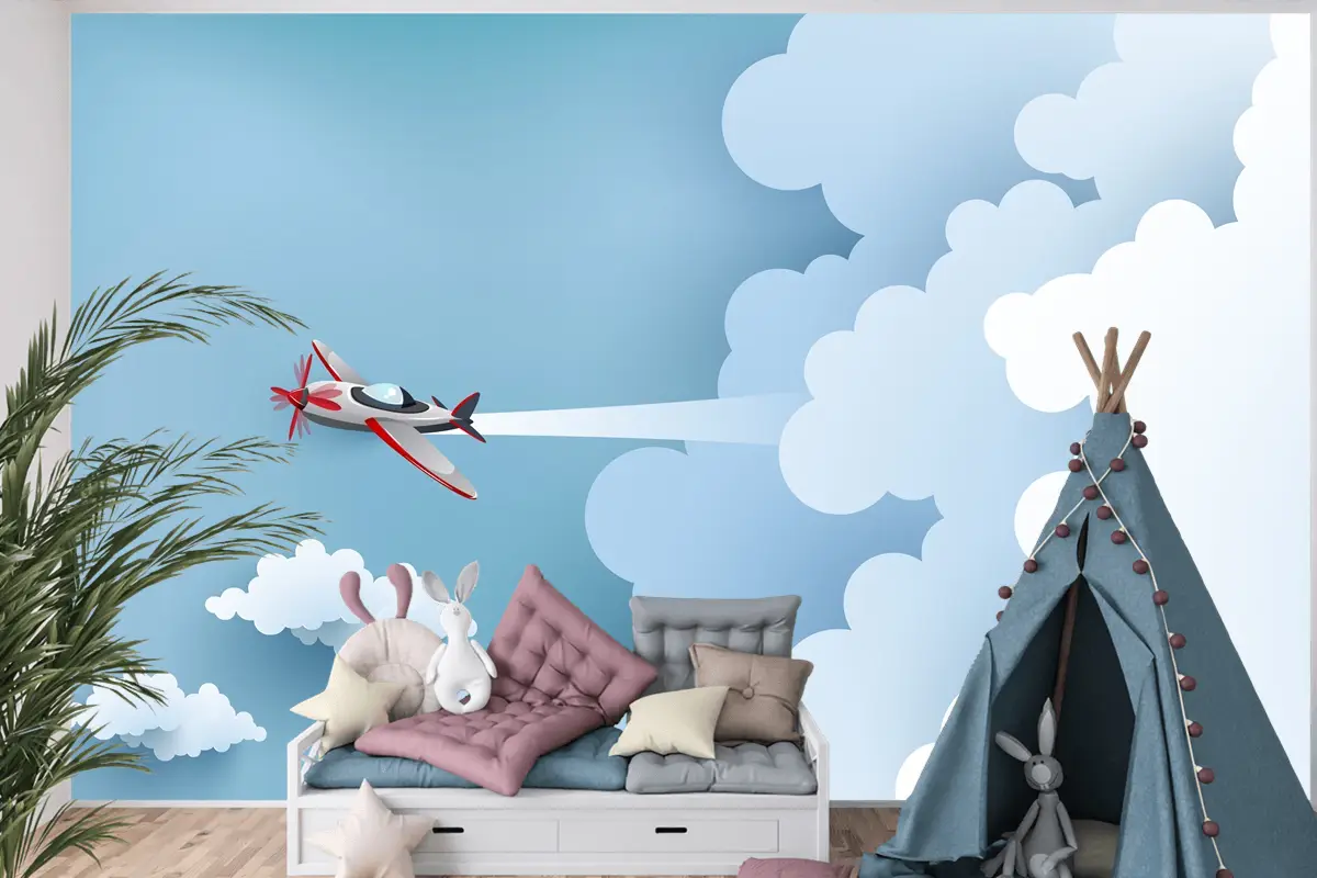 Bulut Üzerinde Uçak Çocuk Odası Duvar Kağıdı 