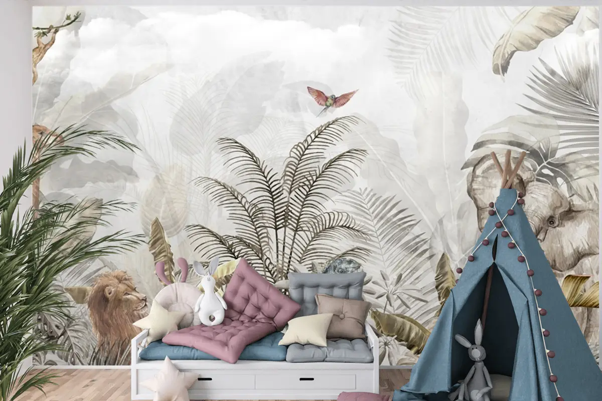 Altın Tropikal Safari Hayvanları Çocuk Odası Duvar Kağıdı