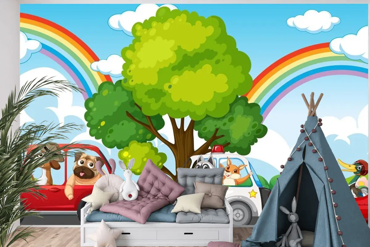 Farklı Arabaları Süren Hayvanlar Çocuk Odası Duvar Kağıdı