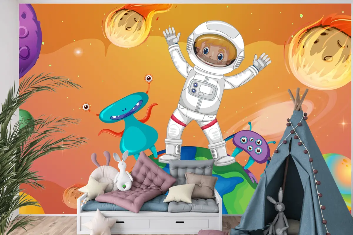 Uzay Sahnesinde Dünya Üzerinde Duran Uzaylılarla Astronot Çocuk Odası Duvar Kağıdı