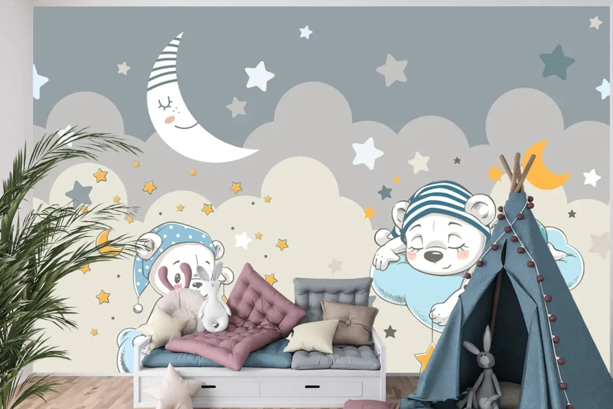 Ay Ve Yıldızlar Tüylü Bulutlar Teddy Ayılar Bebek Çocuk Odası Duvar Kağıdı